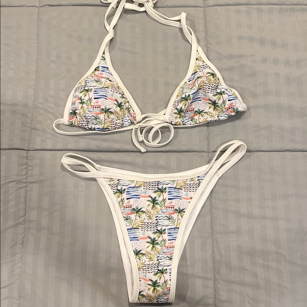 SHEIN Tropical Print Bikini - White and Green